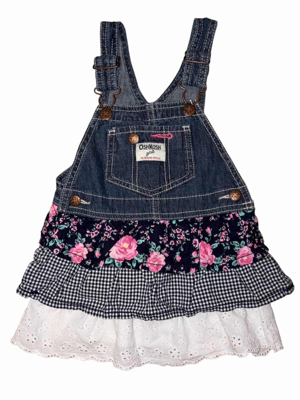 Vintage Y2K OshKosh B’gosh Denim Floral Gingham Overall Dress 2T Cottagecore